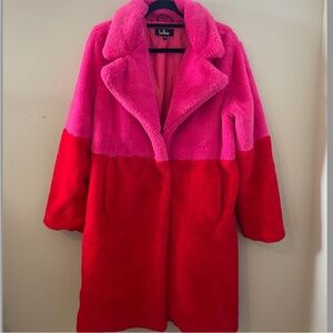 Lulus All Amped Up pink and red faux fur coat size large
